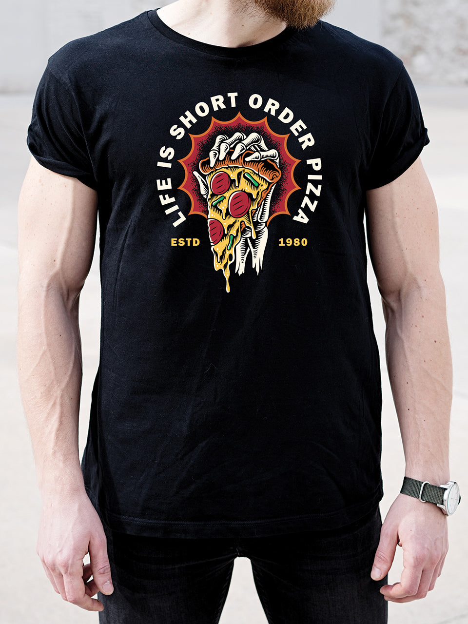 MonkeyPeelz Order Pizza Skull Print T-Shirt